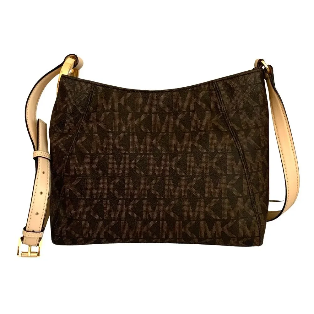 Michael Kors Brown Monogram Crossbody Bag with Gold MK Logo Ring Accent - Picture 3 of 14